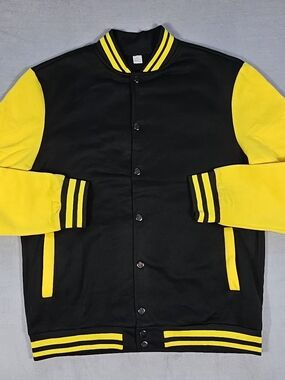 Men’s Varsity Jacket Black Yellow Graphic Back Streetwear Snap Button Size L NEW
